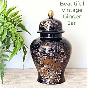 Vintage Black & Gold Asian Porcelain Ginger Jar & Lid Mid Century Container